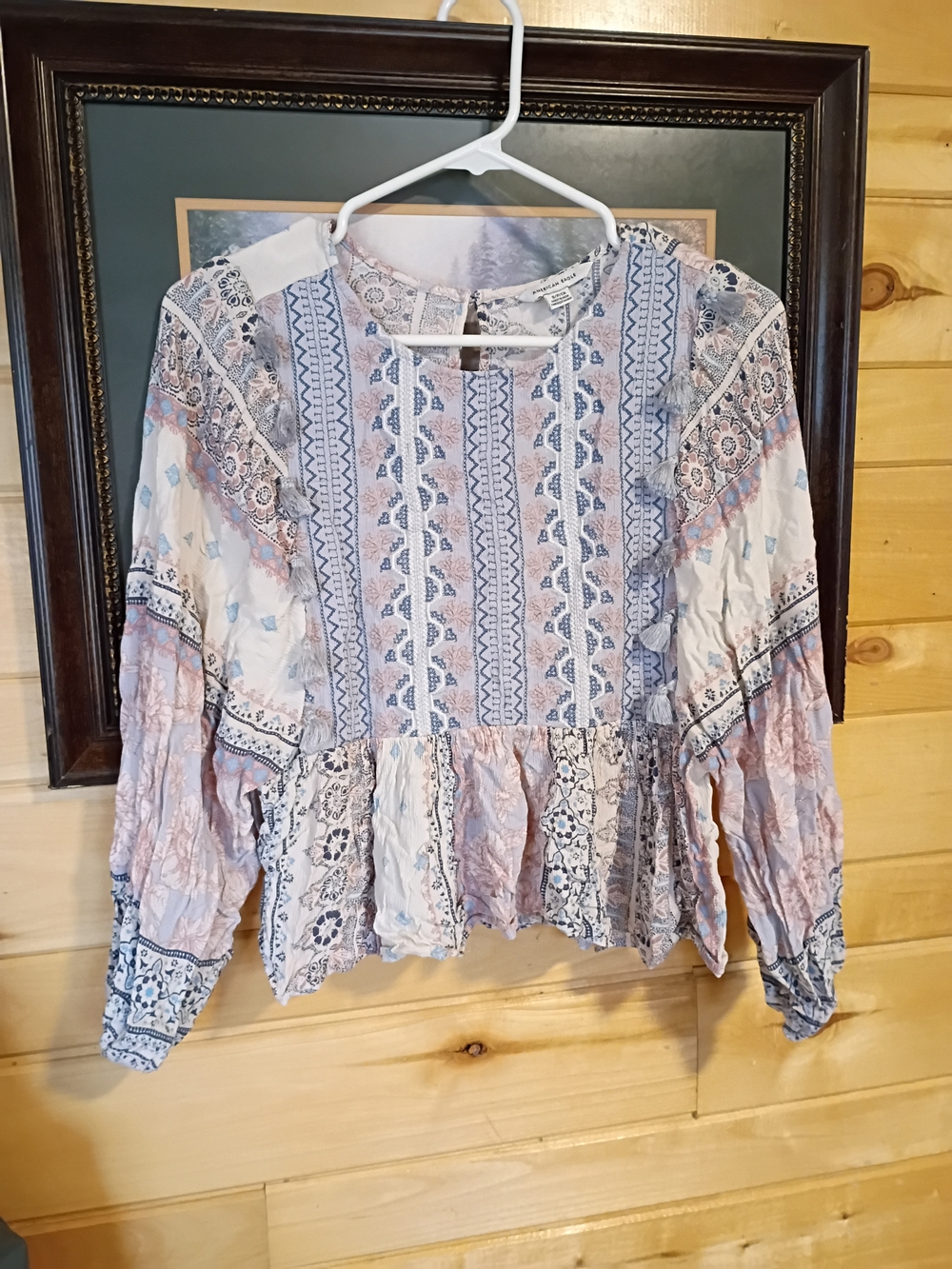 American Eagle Outfitters Pink and Blue Boho Printed Peplum Long-Sleeve Top